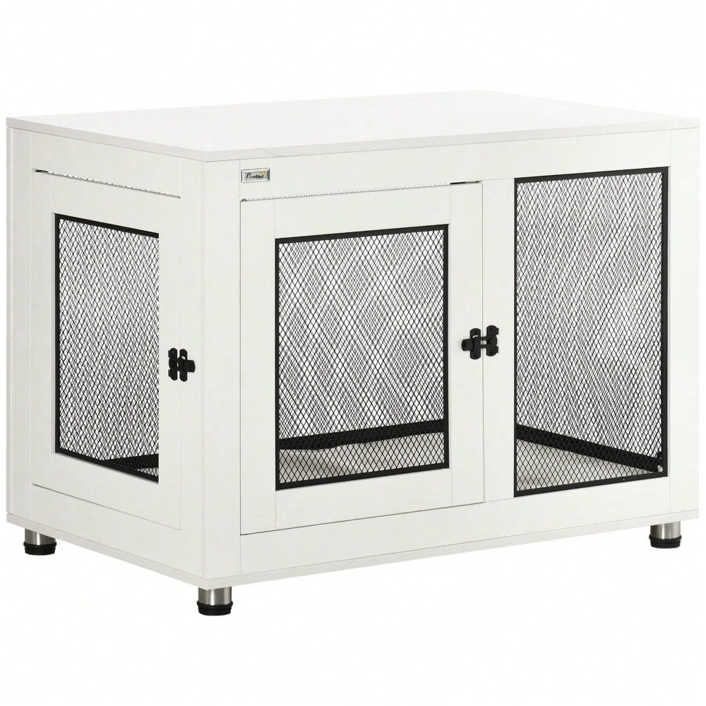 PawHut 2-türiger Hundekäfig mit Tischplatte - Hundebox als Beistelltisch mit Kissen, Weiß/Schwarz - Hundehaus Indoor, Maße: 94x60x71,5 cm (LxBxH)