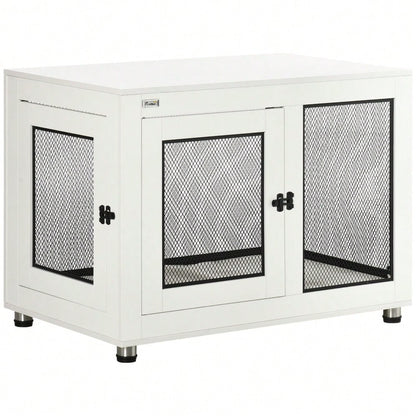 PawHut 2-türiger Hundekäfig mit Tischplatte - Hundebox als Beistelltisch mit Kissen, Weiß/Schwarz - Hundehaus Indoor, Maße: 94x60x71,5 cm (LxBxH)