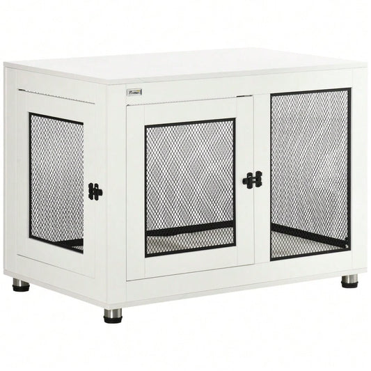 PawHut 2-türiger Hundekäfig mit Tischplatte - Hundebox als Beistelltisch mit Kissen, Weiß/Schwarz - Hundehaus Indoor, Maße: 94x60x71,5 cm (LxBxH)