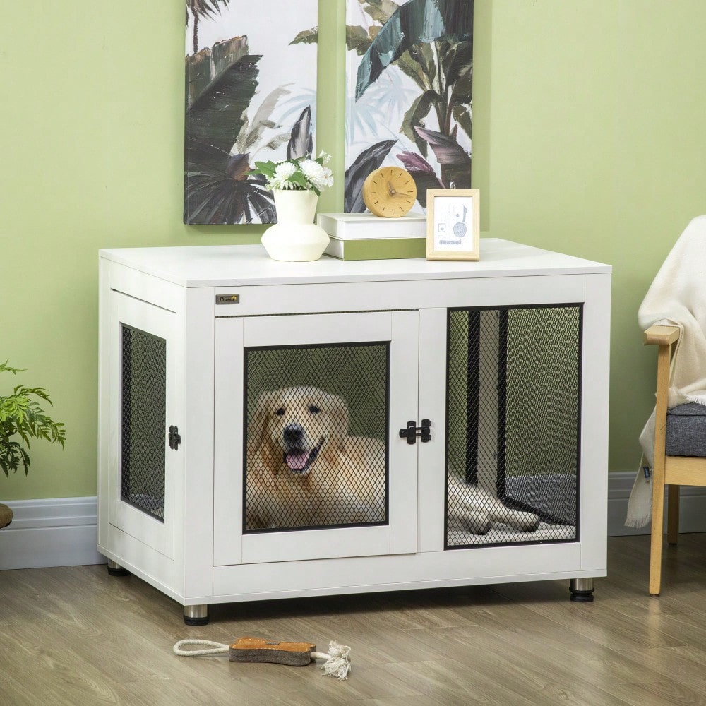PawHut 2-türiger Hundekäfig mit Tischplatte - Hundebox als Beistelltisch mit Kissen, Weiß/Schwarz - Hundehaus Indoor, Maße: 94x60x71,5 cm (LxBxH)