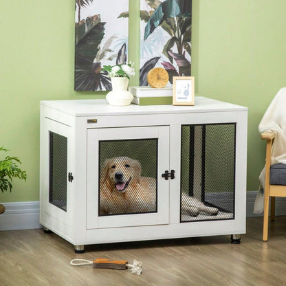 PawHut 2-türiger Hundekäfig mit Tischplatte - Hundebox als Beistelltisch mit Kissen, Weiß/Schwarz - Hundehaus Indoor, Maße: 94x60x71,5 cm (LxBxH)