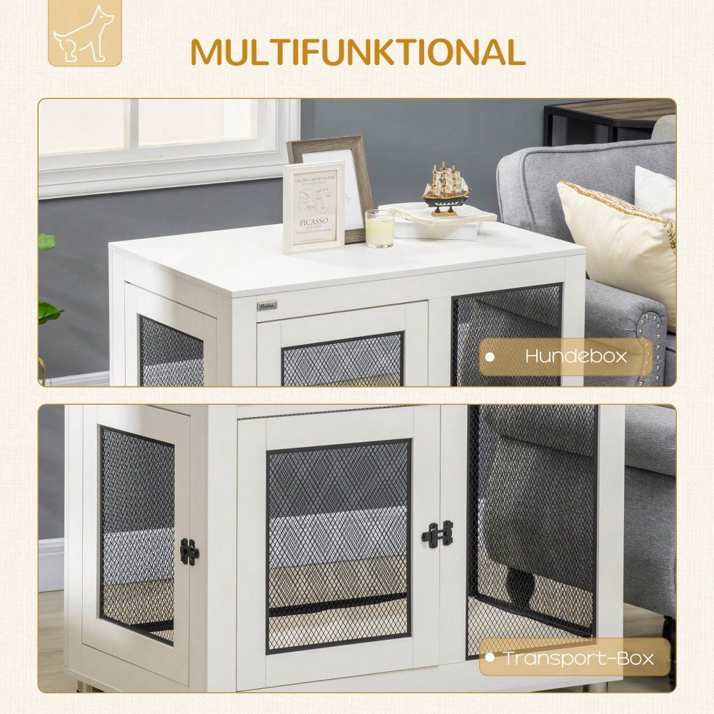 PawHut 2-türiger Hundekäfig mit Tischplatte - Hundebox als Beistelltisch mit Kissen, Weiß/Schwarz - Hundehaus Indoor, Maße: 94x60x71,5 cm (LxBxH)