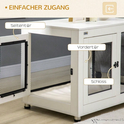 PawHut 2-türiger Hundekäfig mit Tischplatte - Hundebox als Beistelltisch mit Kissen, Weiß/Schwarz - Hundehaus Indoor, Maße: 94x60x71,5 cm (LxBxH)