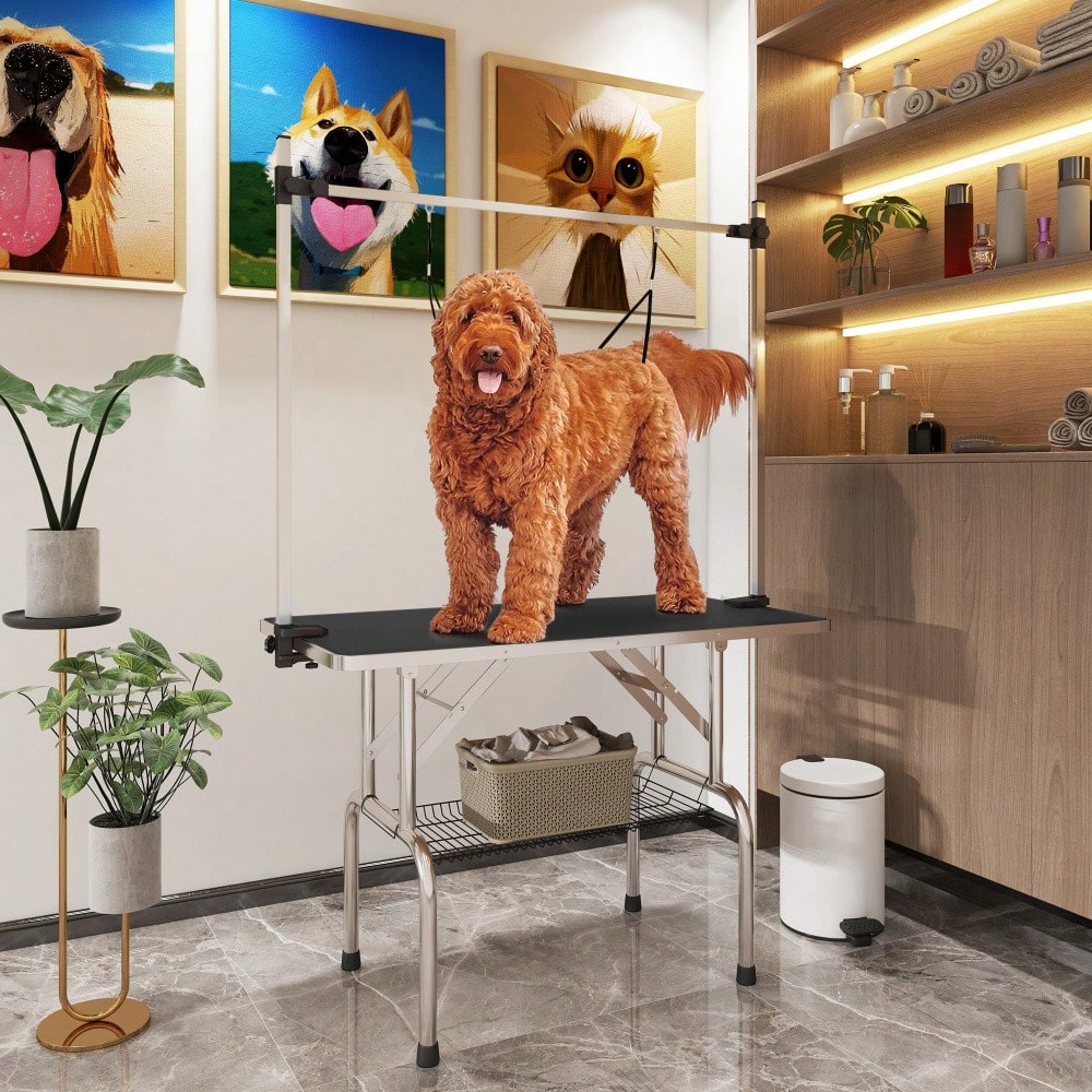 PawHut Höhenverstellbarer Trimmtisch für Hunde - Klappbarer Tierpflegetisch mit Unterkorb & Transporträdern - Stabiler Pflegestandplatz, 107x60x170 cm, Schwarz