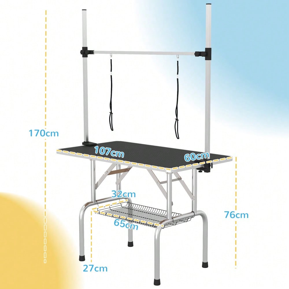 PawHut Höhenverstellbarer Trimmtisch für Hunde - Klappbarer Tierpflegetisch mit Unterkorb & Transporträdern - Stabiler Pflegestandplatz, 107x60x170 cm, Schwarz