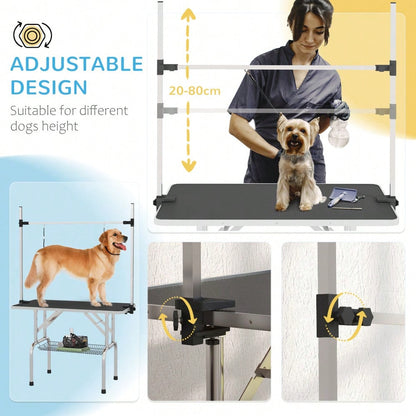PawHut Höhenverstellbarer Trimmtisch für Hunde - Klappbarer Tierpflegetisch mit Unterkorb & Transporträdern - Stabiler Pflegestandplatz, 107x60x170 cm, Schwarz