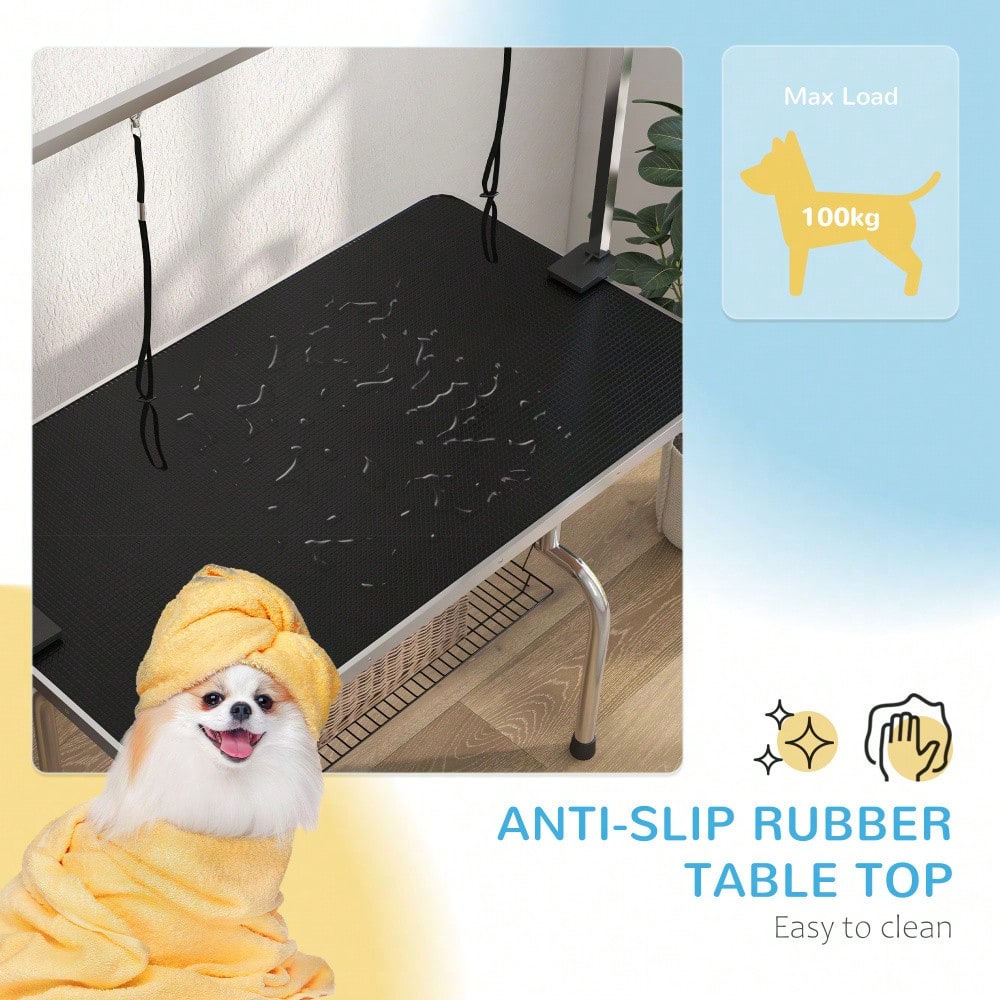 PawHut Höhenverstellbarer Trimmtisch für Hunde - Klappbarer Tierpflegetisch mit Unterkorb & Transporträdern - Stabiler Pflegestandplatz, 107x60x170 cm, Schwarz