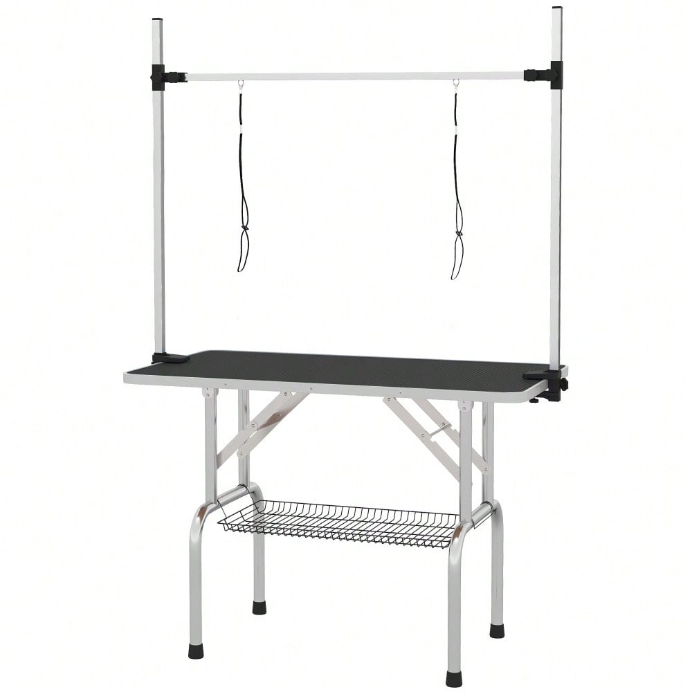 PawHut Höhenverstellbarer Trimmtisch für Hunde - Klappbarer Tierpflegetisch mit Unterkorb & Transporträdern - Stabiler Pflegestandplatz, 107x60x170 cm, Schwarz