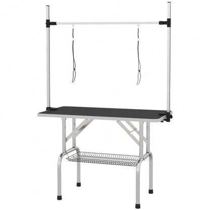 PawHut Höhenverstellbarer Trimmtisch für Hunde - Klappbarer Tierpflegetisch mit Unterkorb & Transporträdern - Stabiler Pflegestandplatz, 107x60x170 cm, Schwarz