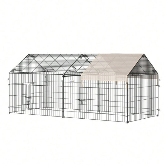 PawHut Freigehege für Kaninchen mit Sonnenschutzdach - Großes Außengehege aus Metall, 220x103x103 cm - Kleintierstall für Garten & Terrasse, Farbe: Beige/Schwarz