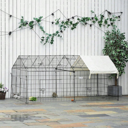PawHut Freigehege für Kaninchen mit Sonnenschutzdach - Großes Außengehege aus Metall, 220x103x103 cm - Kleintierstall für Garten & Terrasse, Farbe: Beige/Schwarz