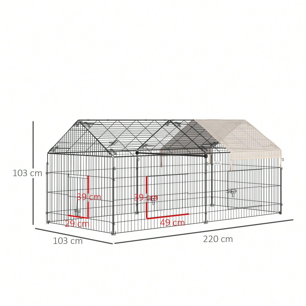 PawHut Freigehege für Kaninchen mit Sonnenschutzdach - Großes Außengehege aus Metall, 220x103x103 cm - Kleintierstall für Garten & Terrasse, Farbe: Beige/Schwarz
