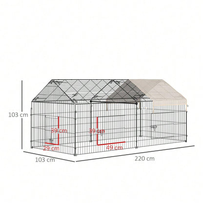 PawHut Freigehege für Kaninchen mit Sonnenschutzdach - Großes Außengehege aus Metall, 220x103x103 cm - Kleintierstall für Garten & Terrasse, Farbe: Beige/Schwarz