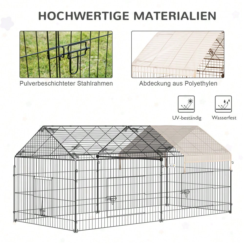 PawHut Freigehege für Kaninchen mit Sonnenschutzdach - Großes Außengehege aus Metall, 220x103x103 cm - Kleintierstall für Garten & Terrasse, Farbe: Beige/Schwarz