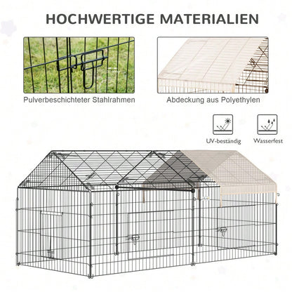 PawHut Freigehege für Kaninchen mit Sonnenschutzdach - Großes Außengehege aus Metall, 220x103x103 cm - Kleintierstall für Garten & Terrasse, Farbe: Beige/Schwarz