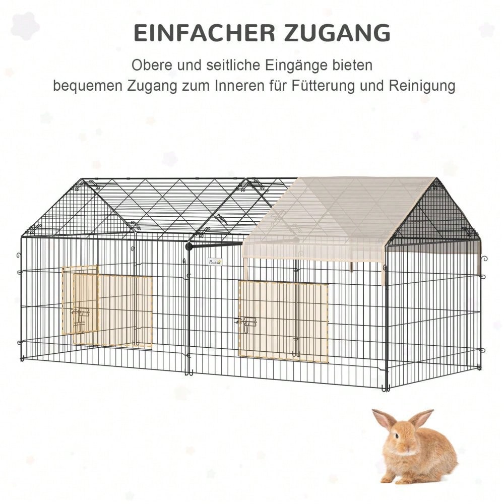 PawHut Freigehege für Kaninchen mit Sonnenschutzdach - Großes Außengehege aus Metall, 220x103x103 cm - Kleintierstall für Garten & Terrasse, Farbe: Beige/Schwarz