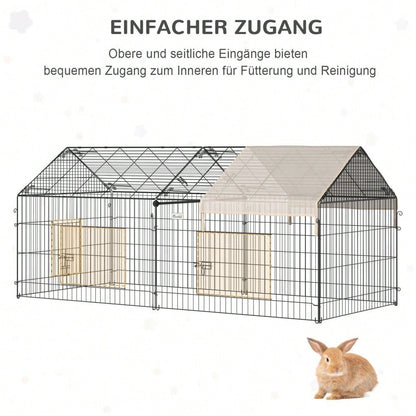 PawHut Freigehege für Kaninchen mit Sonnenschutzdach - Großes Außengehege aus Metall, 220x103x103 cm - Kleintierstall für Garten & Terrasse, Farbe: Beige/Schwarz