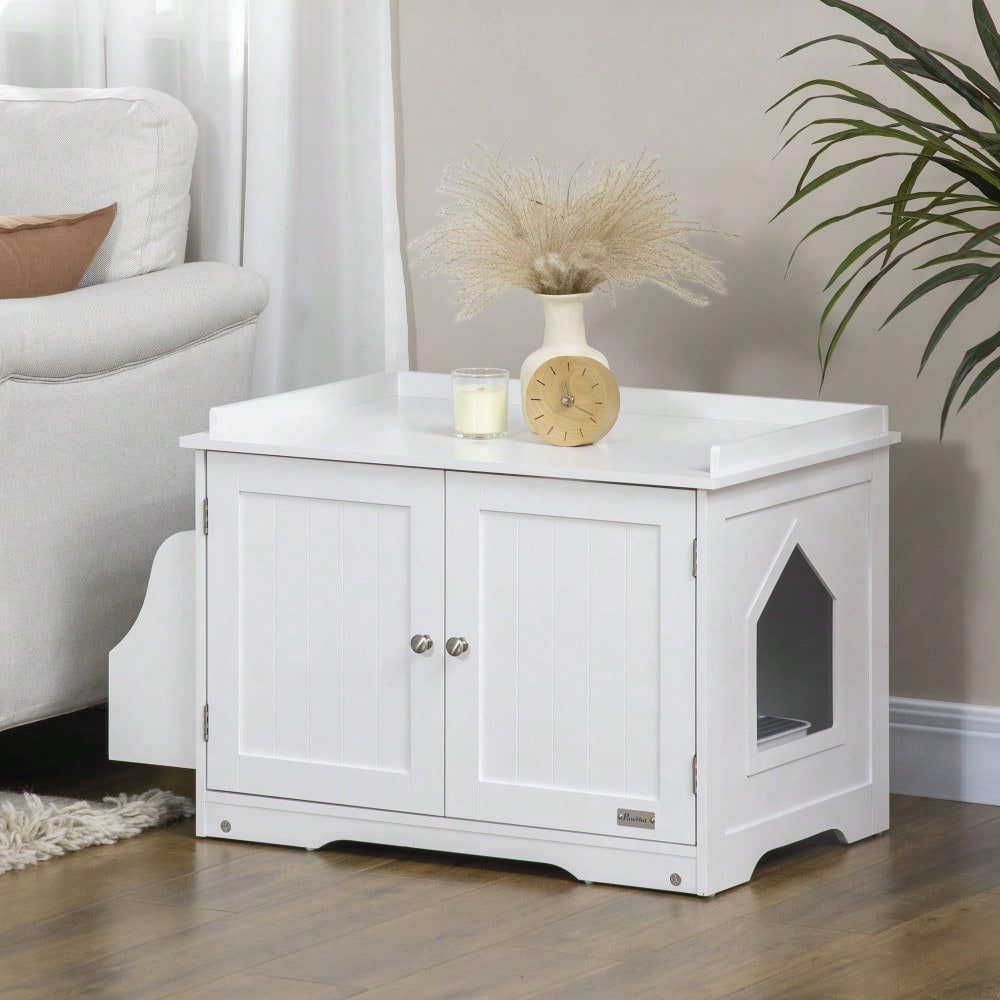PawHut Katzenschrank mit Toilettenfunktion - Katzentoilette mit verstellbarer Trennwand & Magnettüren - Stilvolles Möbelstück zur Katzentoiletten-Abdeckung, Weiß, 86x48x52 cm