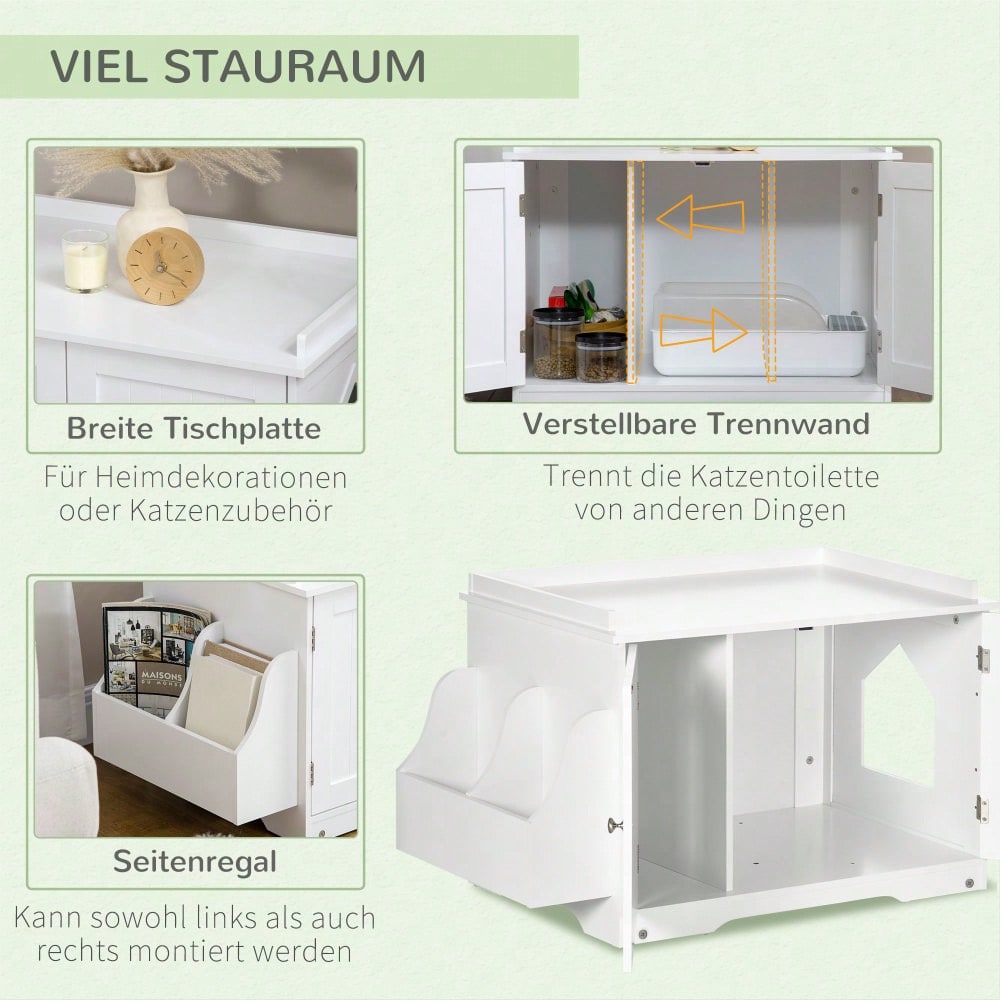 PawHut Katzenschrank mit Toilettenfunktion - Katzentoilette mit verstellbarer Trennwand & Magnettüren - Stilvolles Möbelstück zur Katzentoiletten-Abdeckung, Weiß, 86x48x52 cm