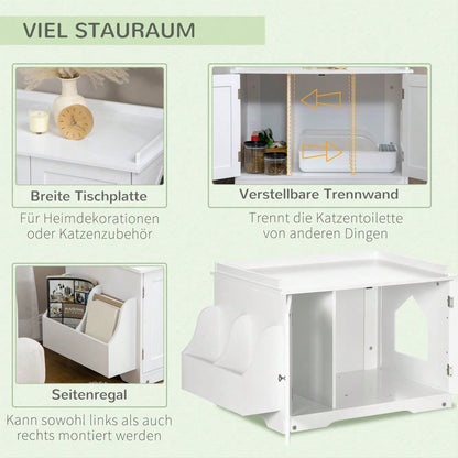 PawHut Katzenschrank mit Toilettenfunktion - Katzentoilette mit verstellbarer Trennwand & Magnettüren - Stilvolles Möbelstück zur Katzentoiletten-Abdeckung, Weiß, 86x48x52 cm