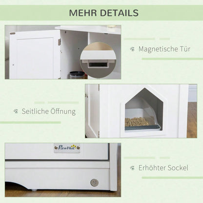 PawHut Katzenschrank mit Toilettenfunktion - Katzentoilette mit verstellbarer Trennwand & Magnettüren - Stilvolles Möbelstück zur Katzentoiletten-Abdeckung, Weiß, 86x48x52 cm