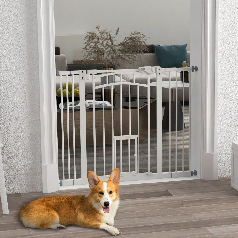 PawHut Sicherheitsgitter mit Selbstschließ-Mechanismus & Katzentür - Treppen- und Türschutzgitter, bohrfrei (74-100 cm) - Für Hunde & Katzen, einfach zu installieren, Farbe: Weiß