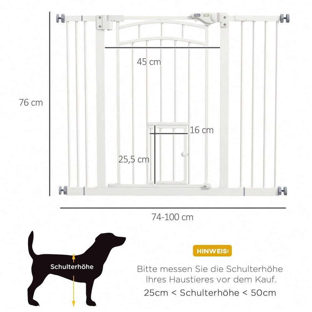 PawHut Sicherheitsgitter mit Selbstschließ-Mechanismus & Katzentür - Treppen- und Türschutzgitter, bohrfrei (74-100 cm) - Für Hunde & Katzen, einfach zu installieren, Farbe: Weiß