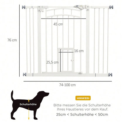 PawHut Sicherheitsgitter mit Selbstschließ-Mechanismus & Katzentür - Treppen- und Türschutzgitter, bohrfrei (74-100 cm) - Für Hunde & Katzen, einfach zu installieren, Farbe: Weiß
