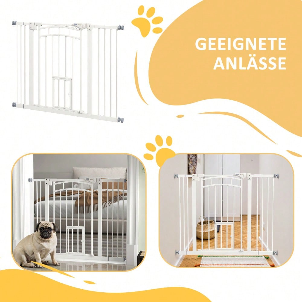 PawHut Sicherheitsgitter mit Selbstschließ-Mechanismus & Katzentür - Treppen- und Türschutzgitter, bohrfrei (74-100 cm) - Für Hunde & Katzen, einfach zu installieren, Farbe: Weiß