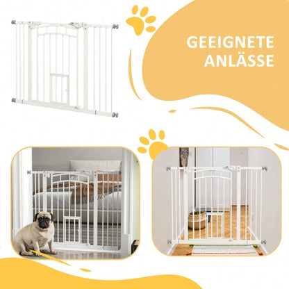 PawHut Sicherheitsgitter mit Selbstschließ-Mechanismus & Katzentür - Treppen- und Türschutzgitter, bohrfrei (74-100 cm) - Für Hunde & Katzen, einfach zu installieren, Farbe: Weiß