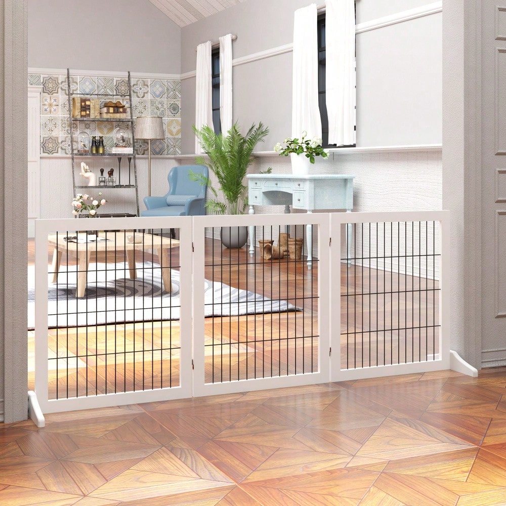 PawHut Treppenschutzgitter & Türgitter aus Kiefernholz - Sicherheitsgitter für Hunde 185x36x71 cm - Stabiler Absperrzaun für Treppen, Türen & Durchgänge, Farbe: Weiß