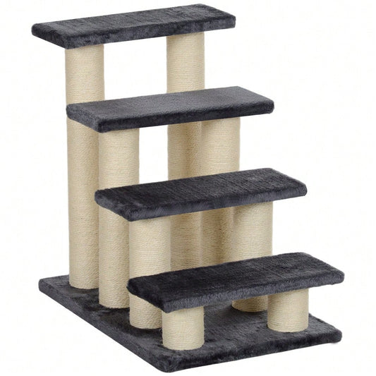 PawHut 4-Stufen Haustiertreppe mit weichem Plüschbezug | Hunde- & Katzentreppe fürs Bett oder Sofa | Treppe für kleine Tiere, 60x40.5x59 cm, grau