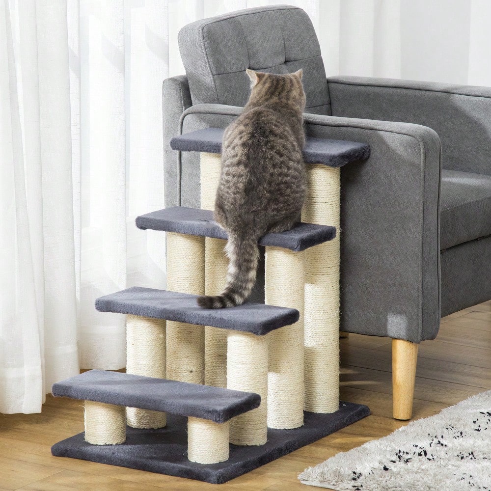 PawHut 4-Stufen Haustiertreppe mit weichem Plüschbezug | Hunde- & Katzentreppe fürs Bett oder Sofa | Treppe für kleine Tiere, 60x40.5x59 cm, grau