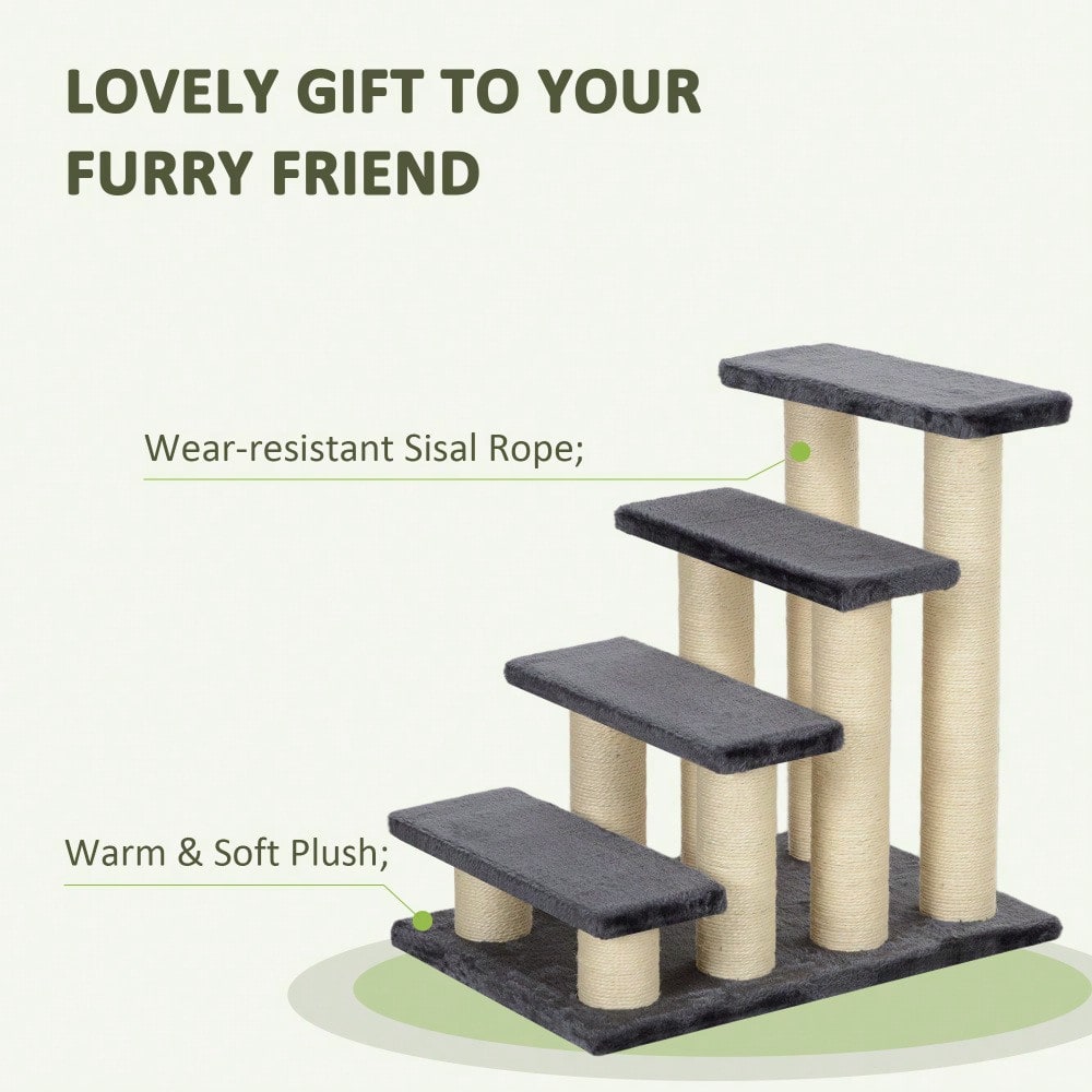 PawHut 4-Stufen Haustiertreppe mit weichem Plüschbezug | Hunde- & Katzentreppe fürs Bett oder Sofa | Treppe für kleine Tiere, 60x40.5x59 cm, grau