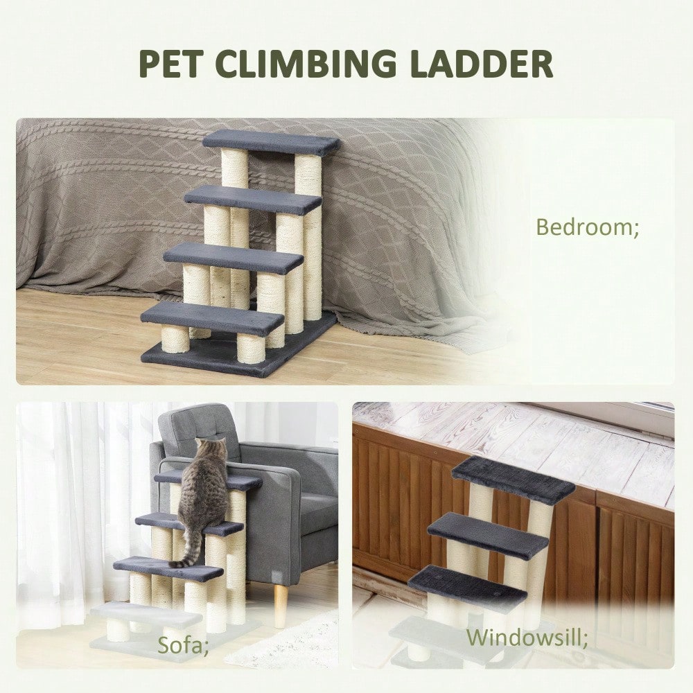 PawHut 4-Stufen Haustiertreppe mit weichem Plüschbezug | Hunde- & Katzentreppe fürs Bett oder Sofa | Treppe für kleine Tiere, 60x40.5x59 cm, grau