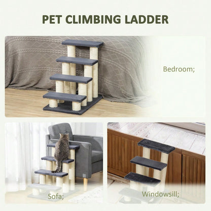 PawHut 4-Stufen Haustiertreppe mit weichem Plüschbezug | Hunde- & Katzentreppe fürs Bett oder Sofa | Treppe für kleine Tiere, 60x40.5x59 cm, grau