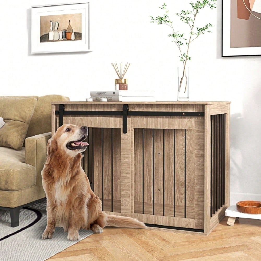 PawHut Hundebox in Holzoptik mit verriegelbarer Tür | Rustikaler Hundekäfig & Transportbox für kleine Hunde | 98x58x67 cm (LxBxH), Farbe: Walnuss-Schwarz