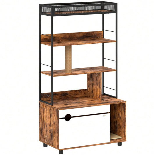 PawHut 2-in-1 Katzenklo Schrank mit Kratzbaum & 3 Regalen | Katzenmöbel mit Klapptür & Kratzpfosten, platzsparendes Katzenhaus für Katzen bis 6 kg | 80x48x152 cm (LxBxH), Rustikal-Braun