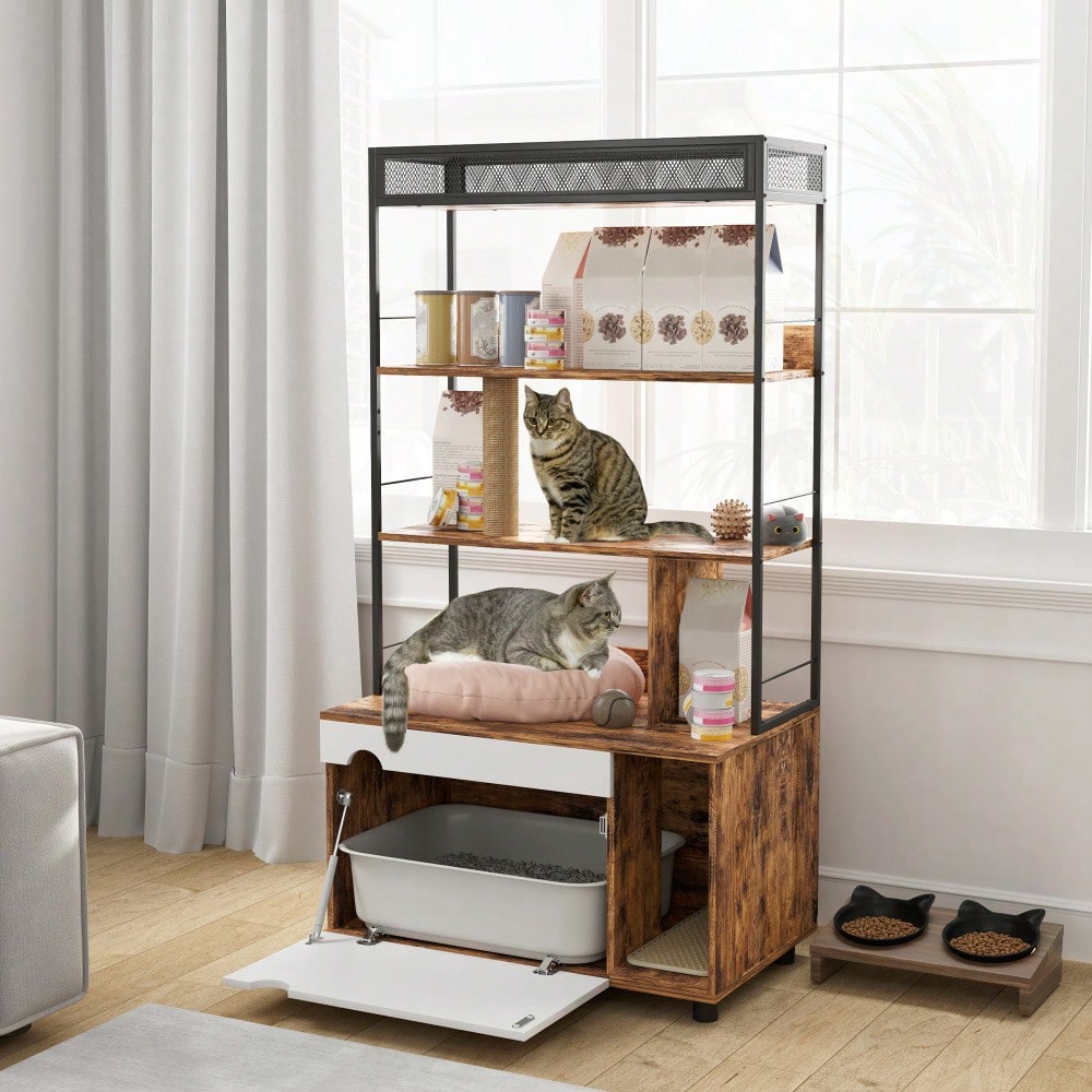 PawHut 2-in-1 Katzenklo Schrank mit Kratzbaum & 3 Regalen | Katzenmöbel mit Klapptür & Kratzpfosten, platzsparendes Katzenhaus für Katzen bis 6 kg | 80x48x152 cm (LxBxH), Rustikal-Braun