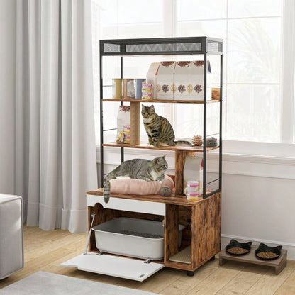 PawHut 2-in-1 Katzenklo Schrank mit Kratzbaum & 3 Regalen | Katzenmöbel mit Klapptür & Kratzpfosten, platzsparendes Katzenhaus für Katzen bis 6 kg | 80x48x152 cm (LxBxH), Rustikal-Braun