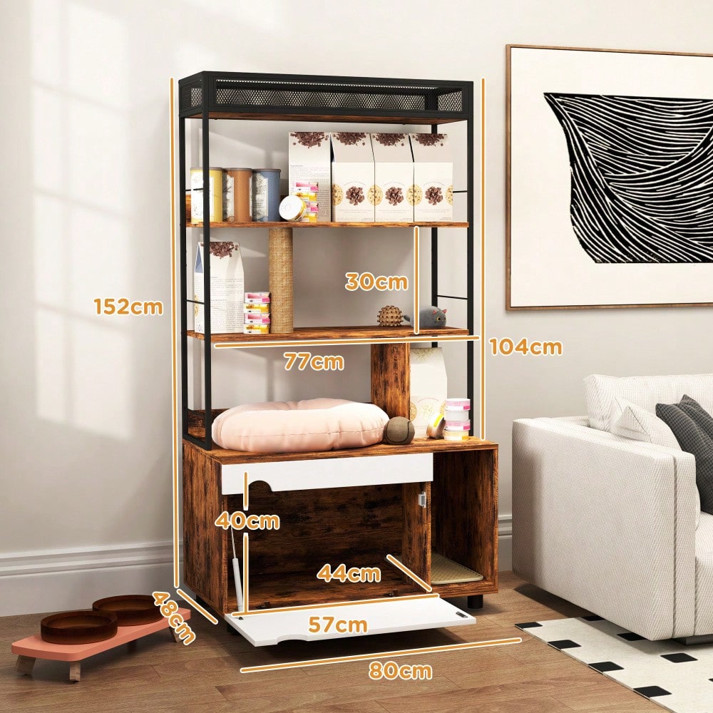 PawHut 2-in-1 Katzenklo Schrank mit Kratzbaum & 3 Regalen | Katzenmöbel mit Klapptür & Kratzpfosten, platzsparendes Katzenhaus für Katzen bis 6 kg | 80x48x152 cm (LxBxH), Rustikal-Braun