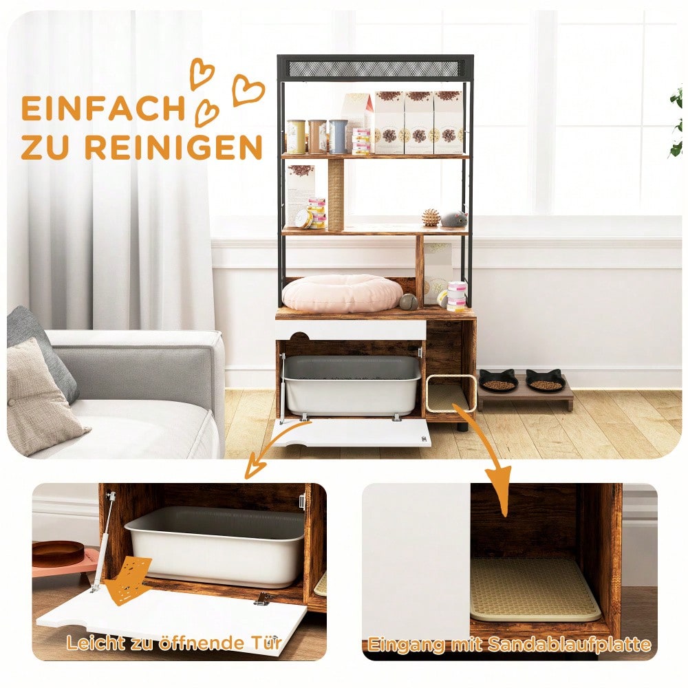 PawHut 2-in-1 Katzenklo Schrank mit Kratzbaum & 3 Regalen | Katzenmöbel mit Klapptür & Kratzpfosten, platzsparendes Katzenhaus für Katzen bis 6 kg | 80x48x152 cm (LxBxH), Rustikal-Braun
