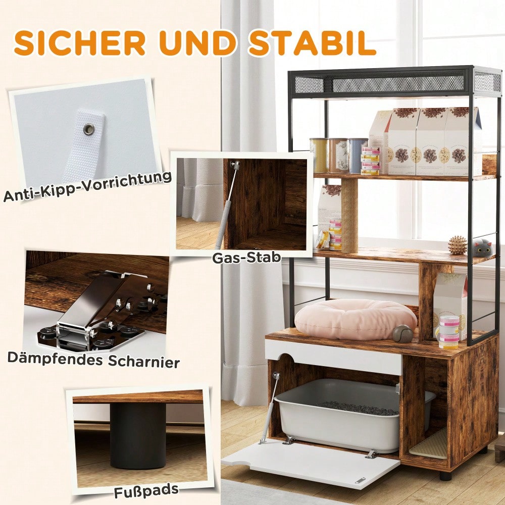 PawHut 2-in-1 Katzenklo Schrank mit Kratzbaum & 3 Regalen | Katzenmöbel mit Klapptür & Kratzpfosten, platzsparendes Katzenhaus für Katzen bis 6 kg | 80x48x152 cm (LxBxH), Rustikal-Braun