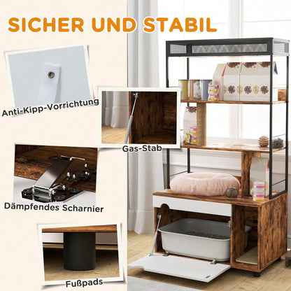 PawHut 2-in-1 Katzenklo Schrank mit Kratzbaum & 3 Regalen | Katzenmöbel mit Klapptür & Kratzpfosten, platzsparendes Katzenhaus für Katzen bis 6 kg | 80x48x152 cm (LxBxH), Rustikal-Braun