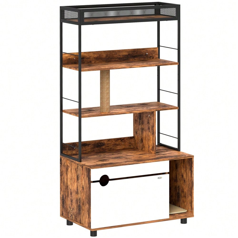 PawHut 2-in-1 Katzenklo Schrank mit Kratzbaum & 3 Regalen | Katzenmöbel mit Klapptür & Kratzpfosten, platzsparendes Katzenhaus für Katzen bis 6 kg | 80x48x152 cm (LxBxH), Rustikal-Braun
