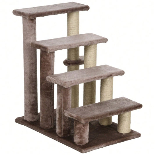 PawHut 2-in-1 Katzenmöbel: 4-stufige Haustiertreppe mit Kratzbaum & Liegefläche | Kratz- und Spielturm für Kleintiere bis 5 kg | Platzsparend, 60x40x64 cm, Braun
