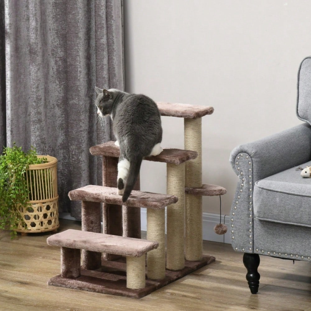 PawHut 2-in-1 Katzenmöbel: 4-stufige Haustiertreppe mit Kratzbaum & Liegefläche | Kratz- und Spielturm für Kleintiere bis 5 kg | Platzsparend, 60x40x64 cm, Braun