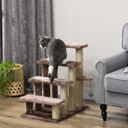 PawHut 2-in-1 Katzenmöbel: 4-stufige Haustiertreppe mit Kratzbaum & Liegefläche | Kratz- und Spielturm für Kleintiere bis 5 kg | Platzsparend, 60x40x64 cm, Braun