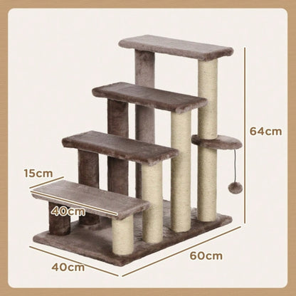 PawHut 2-in-1 Katzenmöbel: 4-stufige Haustiertreppe mit Kratzbaum & Liegefläche | Kratz- und Spielturm für Kleintiere bis 5 kg | Platzsparend, 60x40x64 cm, Braun