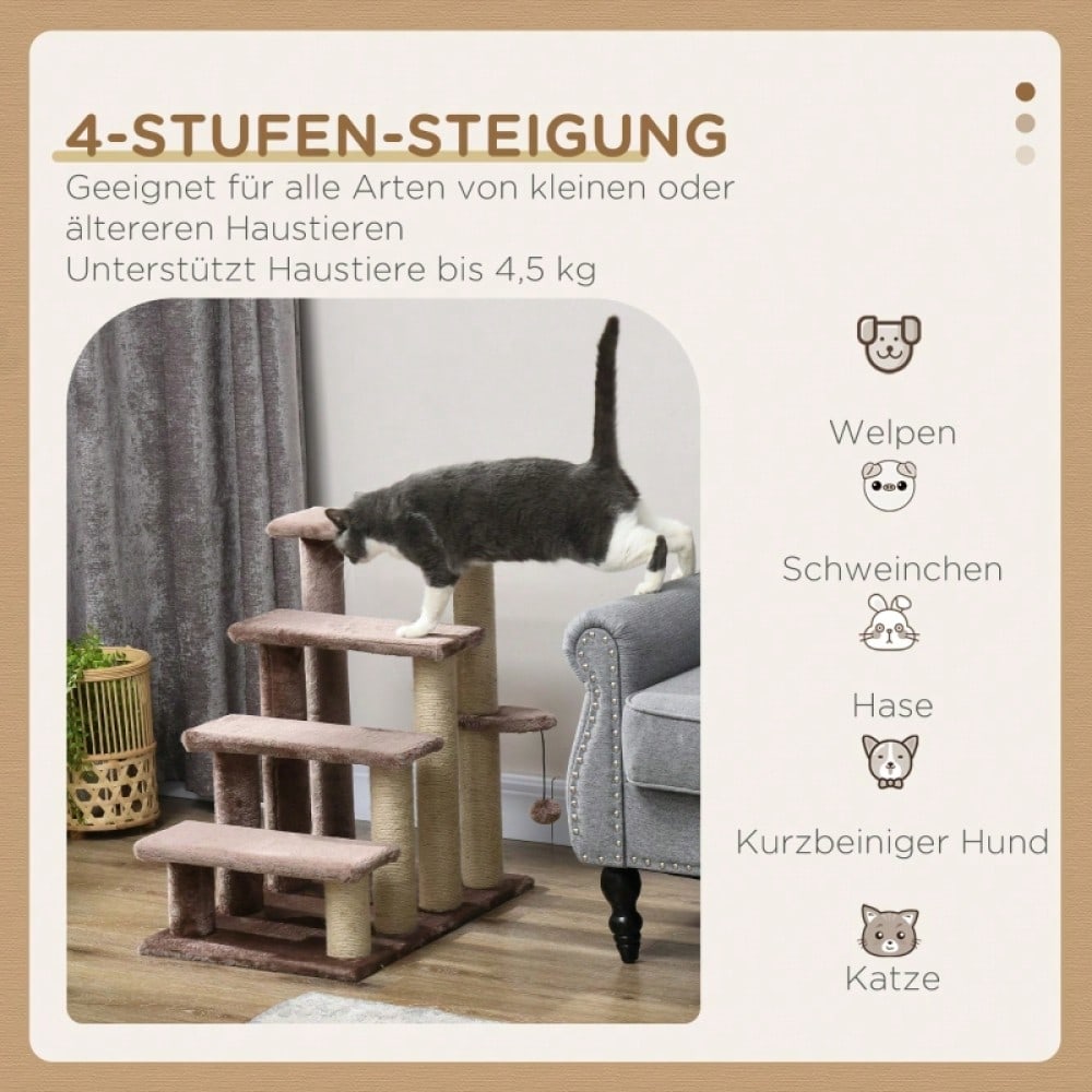 PawHut 2-in-1 Katzenmöbel: 4-stufige Haustiertreppe mit Kratzbaum & Liegefläche | Kratz- und Spielturm für Kleintiere bis 5 kg | Platzsparend, 60x40x64 cm, Braun